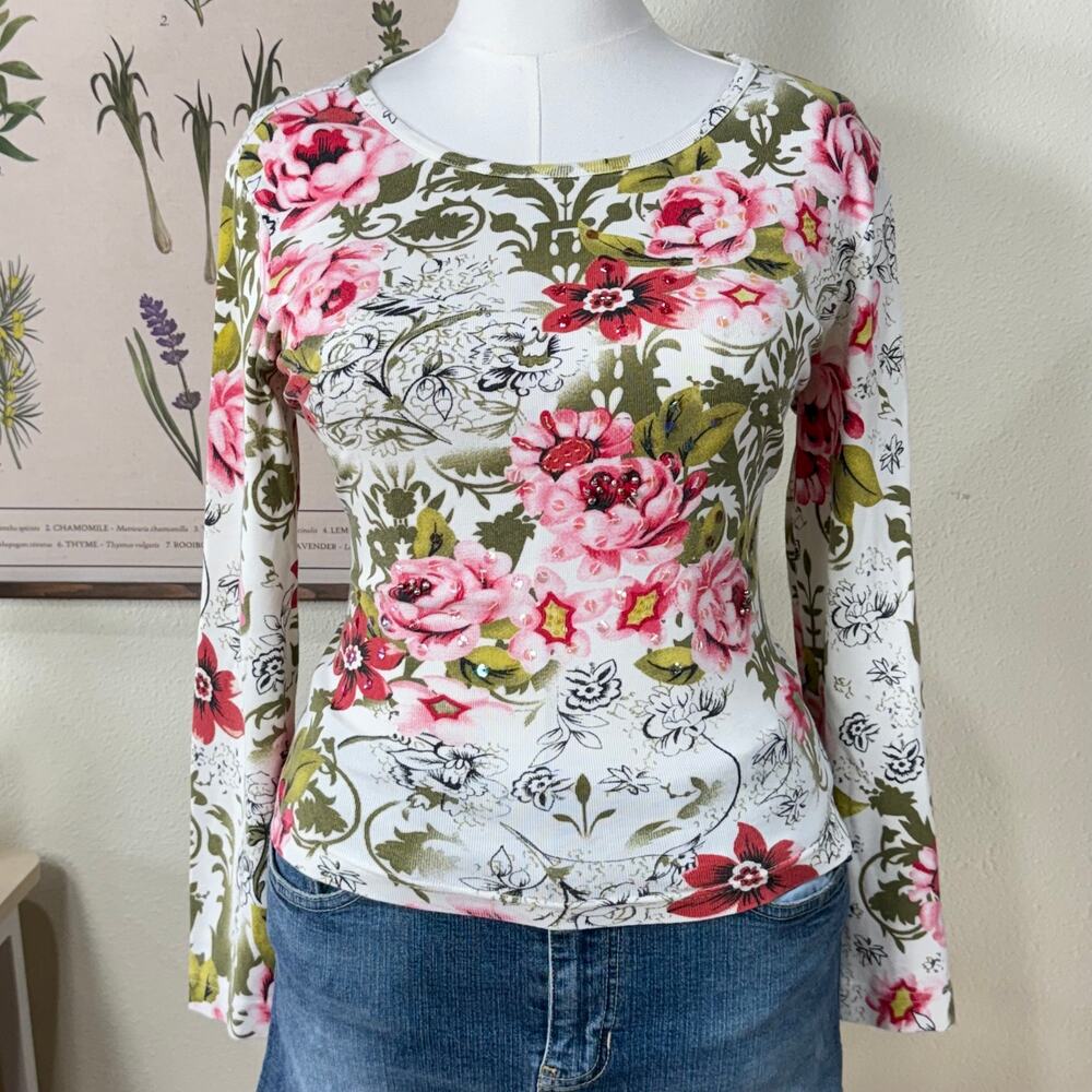 Vintage 90s Y2k Embellished Beaded Floral Top Fairy Grunge Romantic Whimsy M L